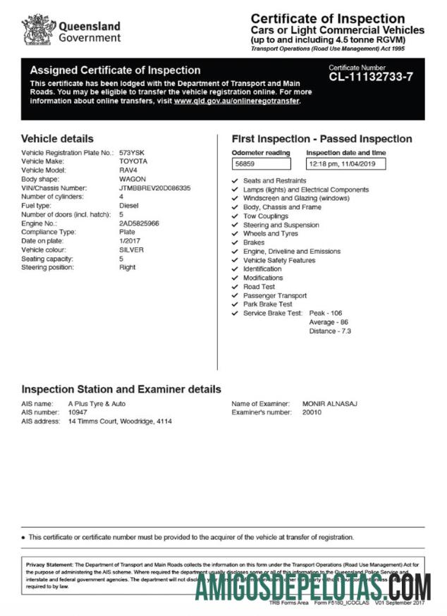 Modelo de Certificado de Inspeção de Veículos da Austrália Queensland